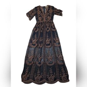 Altar'd State Mariska Boho Maxi Dress Sz Small Navy Multi Embroidery Stitched